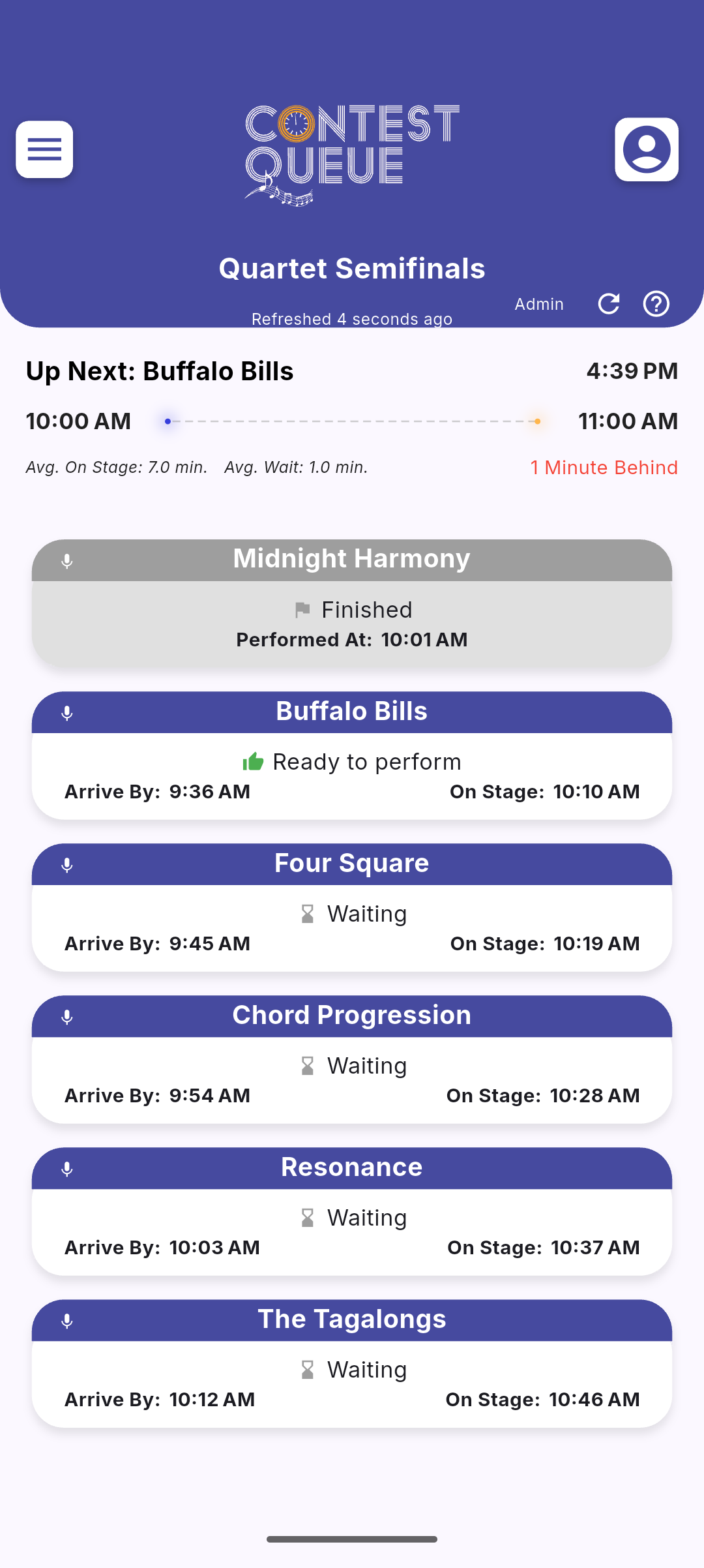 Contest Queue app showing a convention schedule