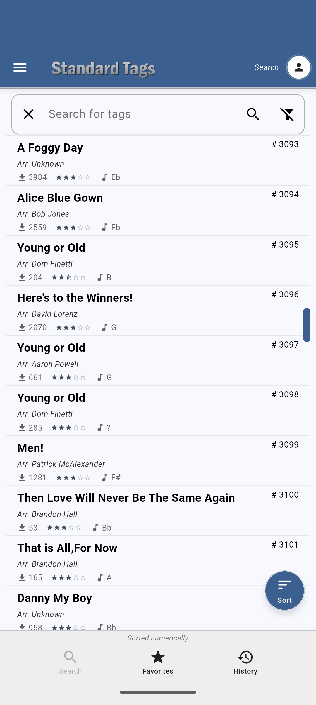 Standard Tags app showing a searchable list of tags