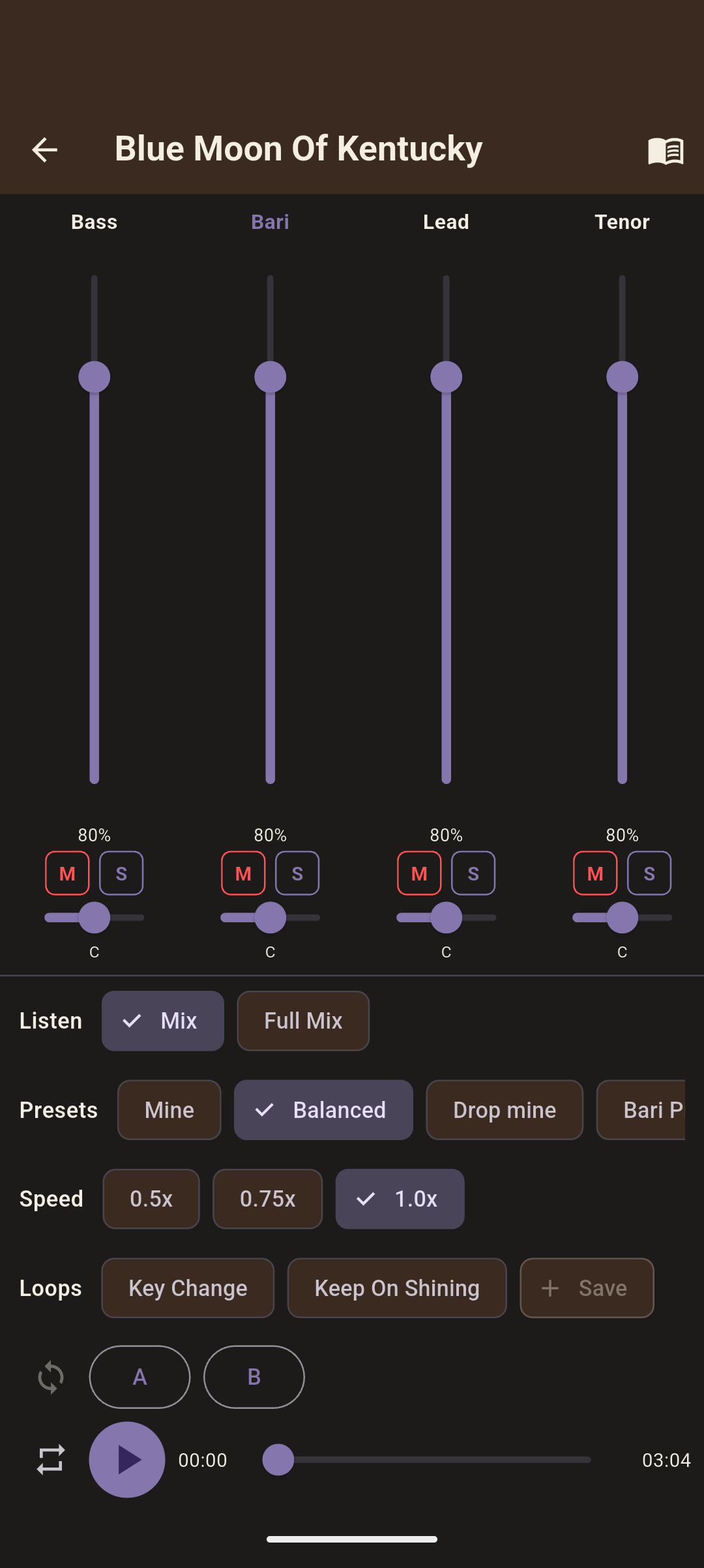 Tessera Tracks app showing a live multi-track part mixer